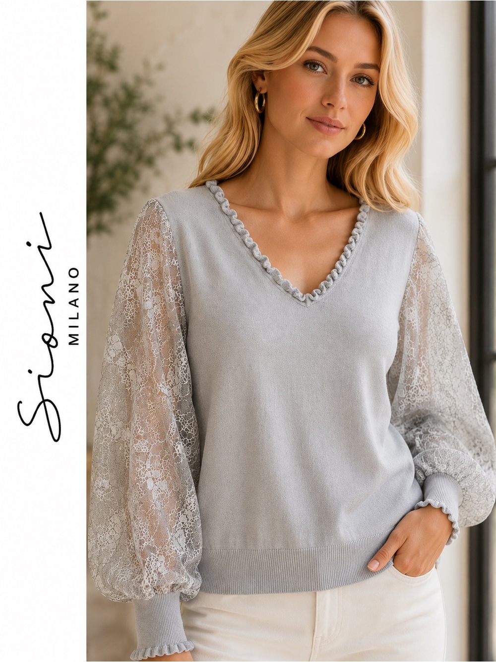 Sioni Light Gray V-Neck Sweater with Lace Balloon Sleeves Women’s Size Small